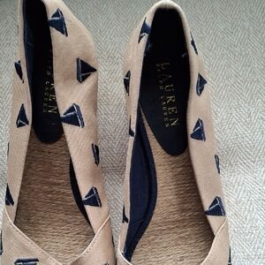 Lauren Ralph Lauren Tan Canvas Flats with Navy Sailboat Embroidery